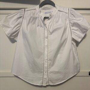 Rebecca Minkoff White Cotton Short Sleeve Blouse w Ladder Stitch Detail size M